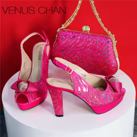 Summer New Coming Fuchsia Color Thin Heels Comtable Design Ladies Shoes Matching Bag Set For Dress P