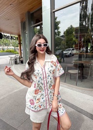 A1224 ชุดเซทเสื้อ + กางเกงขาสั้น ลินิน ปักดอกไม้คอสติส ป้าย LDN