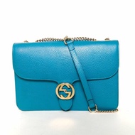 GUCCI Interlock風琴包中號28藍色牛皮淺金扣肩背包