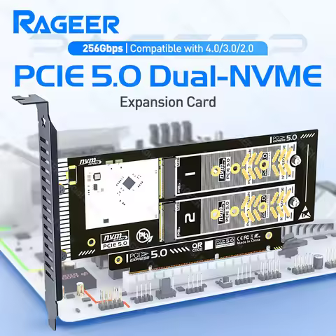 RAGEER PCIe 5.0 to Dual M.2 NVMe X16/X8 Adapter Extension Riser Card 256Gbps Card Slot for 2280/60/4