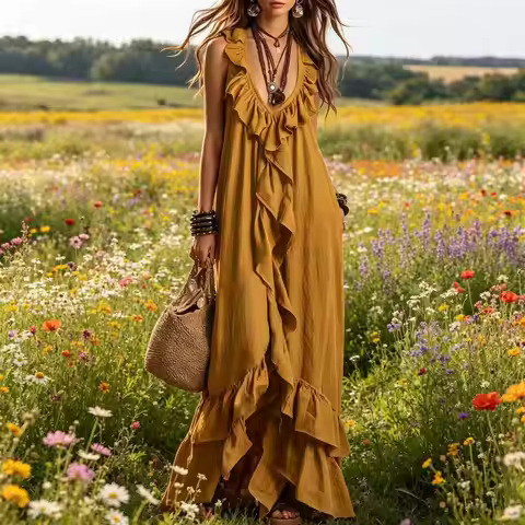 Boho Deep V Neck Sleeveless Dress Women Ruffle Swing Maxi Dress Summer Loose Solid Color Long Dresse