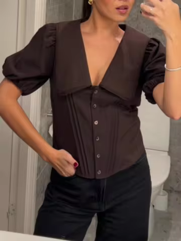 Women's Simple Solid Color Puff Sleeve Collared Short Shirt French Retro Single-Breasted Versatile C