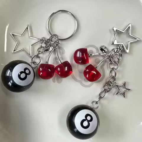 Creative 8 Ball Fruit Cherry Star Keychain Kawaii for Women Y2K Handmade Key Strap Wallet Keyrings B