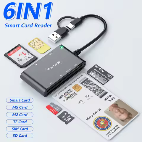 6 IN 1 Smart Multi-function Card Reader USB/Type C to Smart/MS/M2/TF/SIM/SD Memory Card Bank Card Re