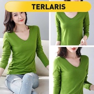 🎁Ready Stock🎁 baju t shirt perempuan lengan panjang viral murah T-Shirt Hijau Alpukat Matcha Kemeja Jenis Pendek Lengan Panjang Wanita Kemeja Bawah Musim Bunga Warna Pepejal Elastik Langsing dengan Baju