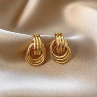 1 Pair Fashionable Gold-Tone Alloy Multi-Loop Knot Design Earrings, Women's Double Hoop Earrings, Ey