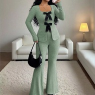 Women's Elegant Cloud-Like Fleece Ribbed High-Design Bowknot Collar Long Sleeve Cinched Waist Top An