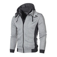 Men Autumn Winter Coat with Hood Dual Zipper Closure Drawstring Colorblock Fake Two-piece Sport Jack