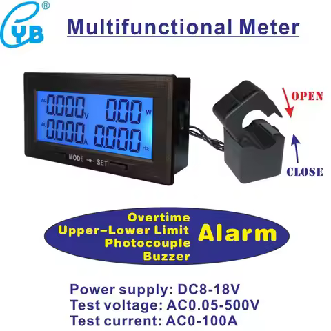 AC 0-100A Open-closed AC 0-500V Voltage Current Meter Multifunctional Meter DC8-18V Power Meter Freq
