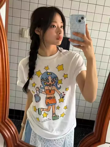 NewJeans Minji Summer Casual Short Sleeve T Shirt Women's Round Neck Tops Comfortable Breathable Cas