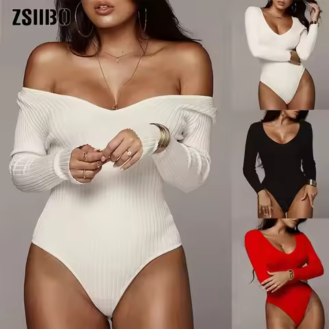 Women's Spring Summer Solid Color Deep V Neck Stretch Long Sleeve Slim Fit Base Layer Jumpsuit
