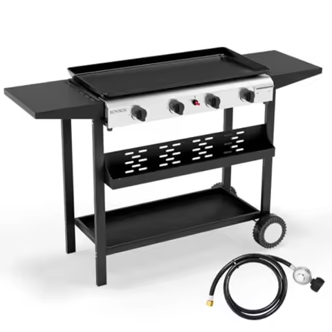 4 Burner Portable Propane Griddle 40000 BTU Electronic Ignition Rolling Flat Top Gas Grill Nonstick 