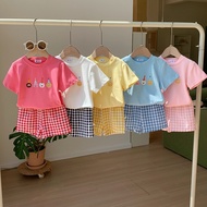 Korean Version Girls Suit Summer Short-Sleeved Shorts Plaid Two-Piece Set Pure Cotton Printed 90-140