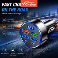 6-in-1 USB Car Charger Adapter with Voltage Display, Dual PD Super Fast Charging 12-24V for iPhone 1