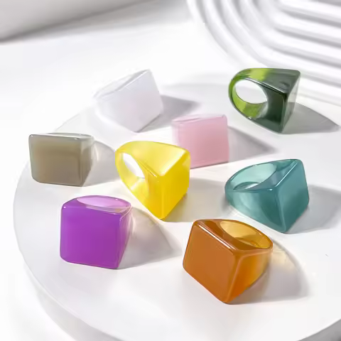 New Colorful Y2k Transparent Gradient Blooming Square Acrylic Resin Rings Sets for Women Girls Party