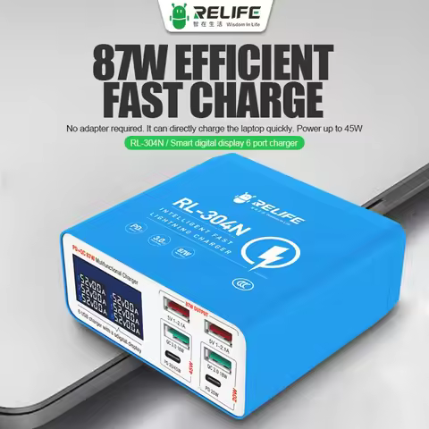 RELIFE RL-304N 87W PD+QC 3.0 USB Charger with LCD Display 6 Ports Desktop Mobile Phone Charger Smart