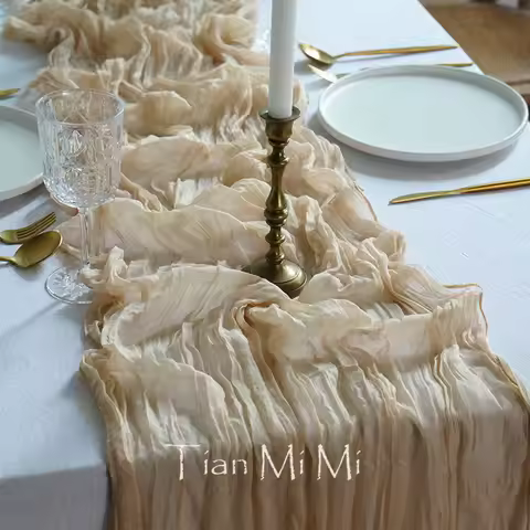 Lovely Semi-Sheer Gauze Table Runner Beige Cloth Cheesecloth Adding Delight To Rural Retro Wedding a