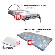 Single Metal Bed Frame + Single 4inch Soft Foam Mattress + FreePillow