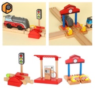 [prettyia] Wooden Train Station Shapes Crossroads Gas Station Accessories Set Building Construction 