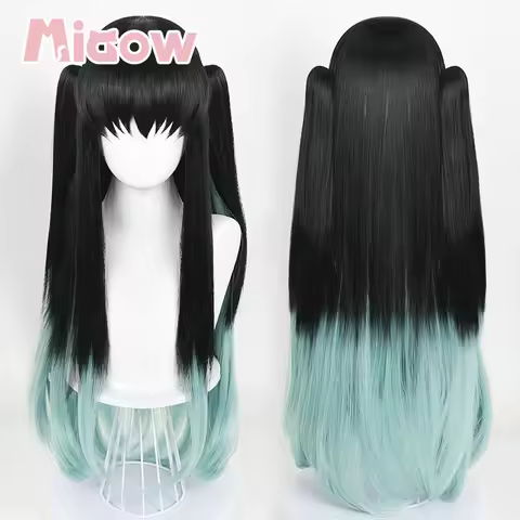 Tokito Muichiro Cosplay Wig, Black Gradient Mint Green Long Straight Twin Ponytails Wig with Simulat