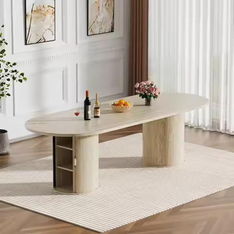 Oval Extendable Table 4-10 People 63"-94" Fluted Storage Base Gatherings Meeting Dining Office Beige