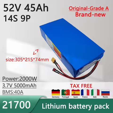 2025 NEW 52V 45Ah 21700 14S 9P lithium battery pack With 40A BMS 100-2000W high-power rechargeable b