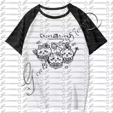 Chiikawa Cute Cartoon Character Raglan T-Shirt Black White Raglan Sleeve Tee Funny Anime Print Short