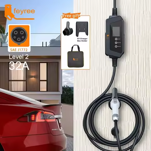 feyree Type1 7kW 32A 1P EV Charger Plug with j1772 Cord Current Adjustable Portable Charging Box Hol
