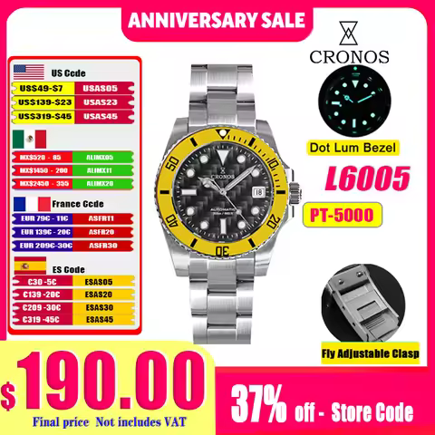 Cronos Sub Diver Men Watch Stainless Steel PT5000 Ceramic Bezel 200 meters Waterproof Glideclasp Car