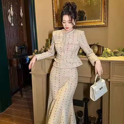 Autumn Winter French Luxury O-neck Short Tweed Coat High Waist Slimming Fishtail Long Skirt Set Two 
