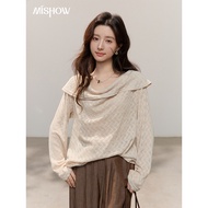 MISHOW Women's Beige Argyle Knit Top - Cowl Neck, Sheer Long Sleeve Sweater for Elegant Casual Commu