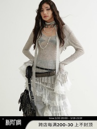 ชุดเดรสยาวถักนิตติ้งสไตล์หวานและเผ็ดร้อนฤดูใบไม้ผลิแขนยาวคอวี JNYLON-24AW ผ้าลูกไม้ผสมผสานกันได้หลาก