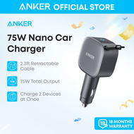 Anker USB-C Car Charger 75W Max Ultra-Compact Type-C Fast Car Charger with Built-In Retractable Cabl