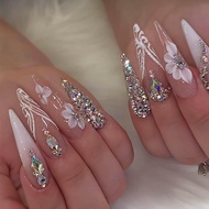 Long Press on Nails Stiletto Shaped Fake Nails Handmade False Nails with Rhinestones Designs White O