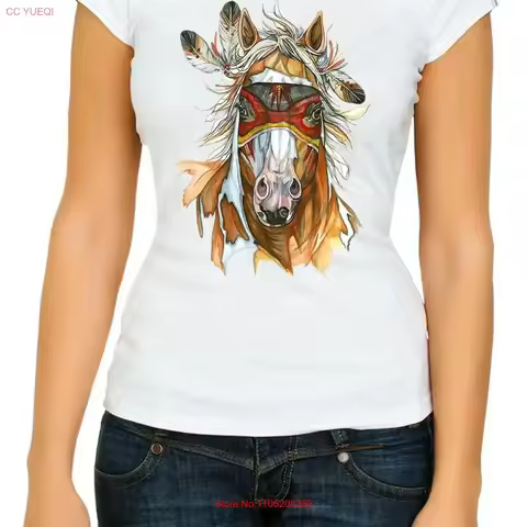 Apache horse drawing art Colour 3 4 Short sleeve Woman T Shirt K688 vintage Washed Top For Everyday
