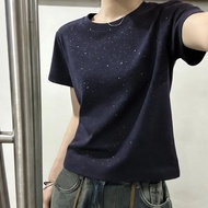 Women's Ice Silk Ribbed Gypsy Floral Short Sleeve T-shirt - Slim Fit with Shine