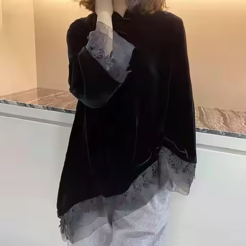 Retro Black Velvet Qipao Top New Chinese Style Stand Up Collar Button Down Bottom Shirt for Women