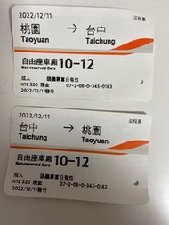 高鐵12/11台中-桃園來回門票 （敬老票）