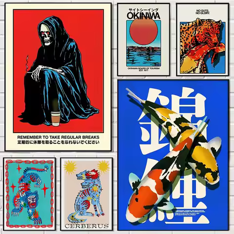 Japan Okinawa Green Tourism Willow Sunset Canvas Poster Prints Ghost Tiger Wall Art for Modern Livin