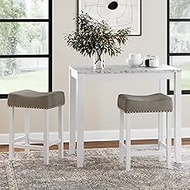 Nathan James Viktor 3 Piece Dining Set, Heigh Kitchen Counter Pub or Breakfast Table with Marble Top and Fabric Wood Base Seat, Light Gray/White