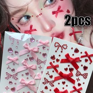 2Sheets 3D Bow Rhinestone Face Tattoo Stickers Y2k Ribbon Bow Heart Eyes Facial Makeup Sticker for F