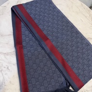 Gucci 藍Logo紅邊絲質圍巾