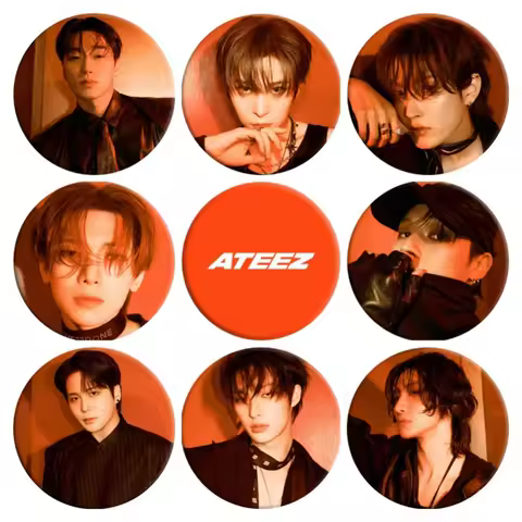 KPOP ATEEZ Album GOLDEN HOUR : Part.3 Round Badge Brooch Member Photo Printed Mirror Keychain Bag Pe