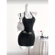 Bodycon Denim Dress with Camisole Collar and Grunge Belt.