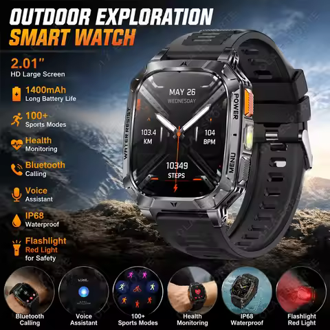 Outdoor Exploration Smart Watch 2.01" Screen Bluetooth Call IP68 Waterproof Flashlight 100+ Sports M