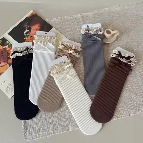 Retro Lace Bow Calf Sock for Kids Girl Sweet Beige Coffee Color Bow Ruffle Sock for Children Spring 