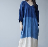 【棉麻手工藍染】 超寬鬆V領/大袖四色連衣裙
