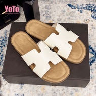 YOTO New H-Strap Flat Sandals For Women Leather Slide Sandals Comfortable Outdoor Beach Slippers