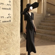 Ready Stock Women Elegant Black Dress V-neck High Waist Slimming Dress Causal Plus Size Dress
