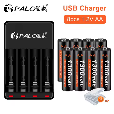 PALO 1.2V AA battery 1300 mAh AA rechargeable battery with LED Charger, 1.2 V Ni-MH AA batteries for